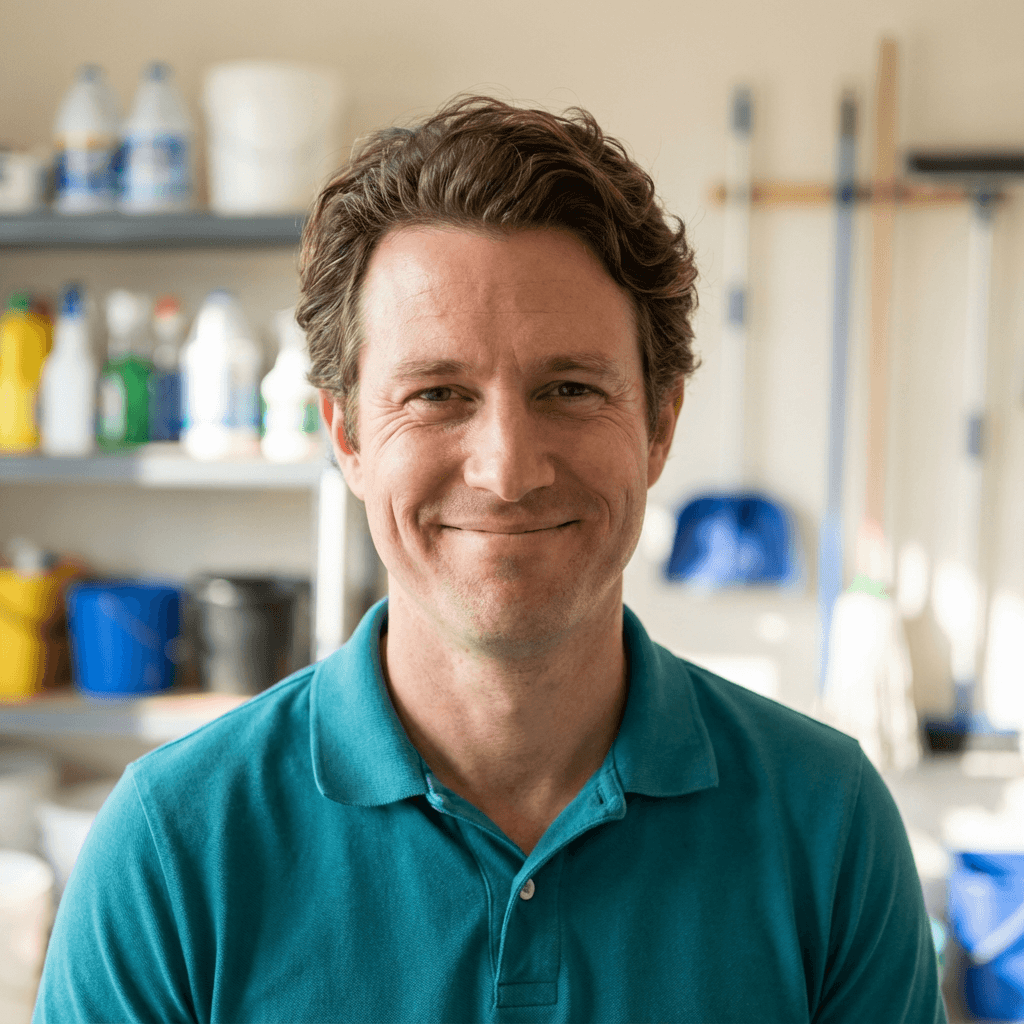 Samuel Hansen in a detailing bay holding a microfiber towel