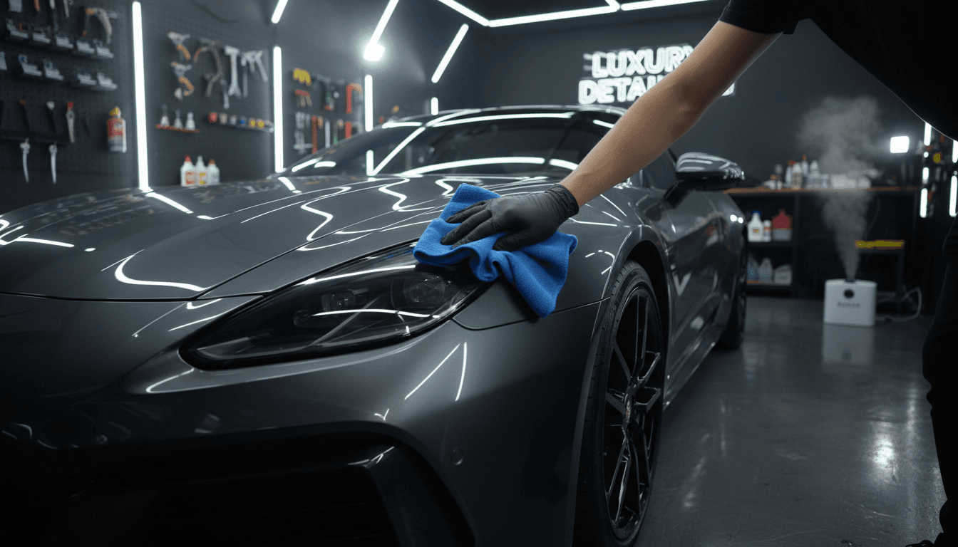 Dark car with glossy paint in a detailing garage