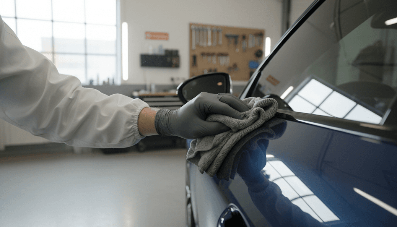 Detailer polishing a dark blue car door panel with a microfiber cloth