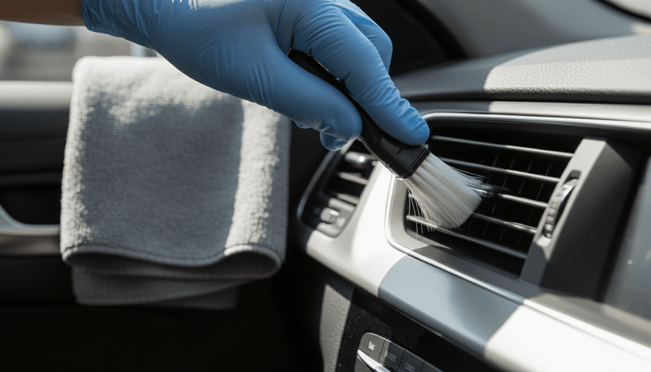 Detailer's hand cleaning a car air vent with a soft brush