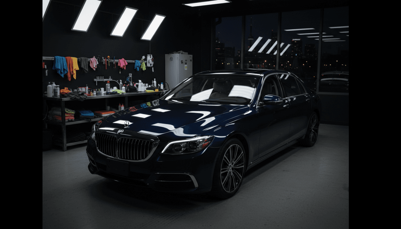 Polished sedan reflecting light in a Toronto detailing bay