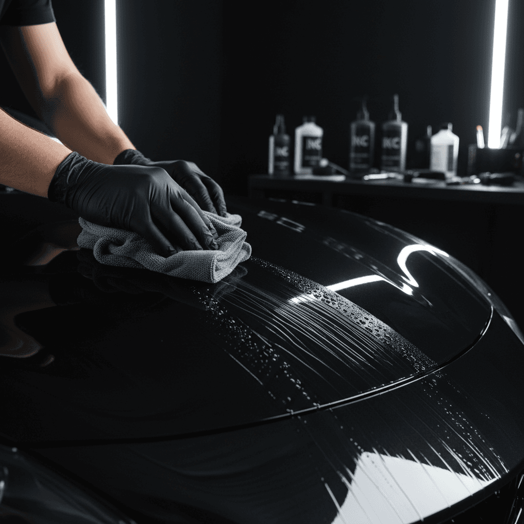 Freshly detailed car with glossy paint in a darkened garage