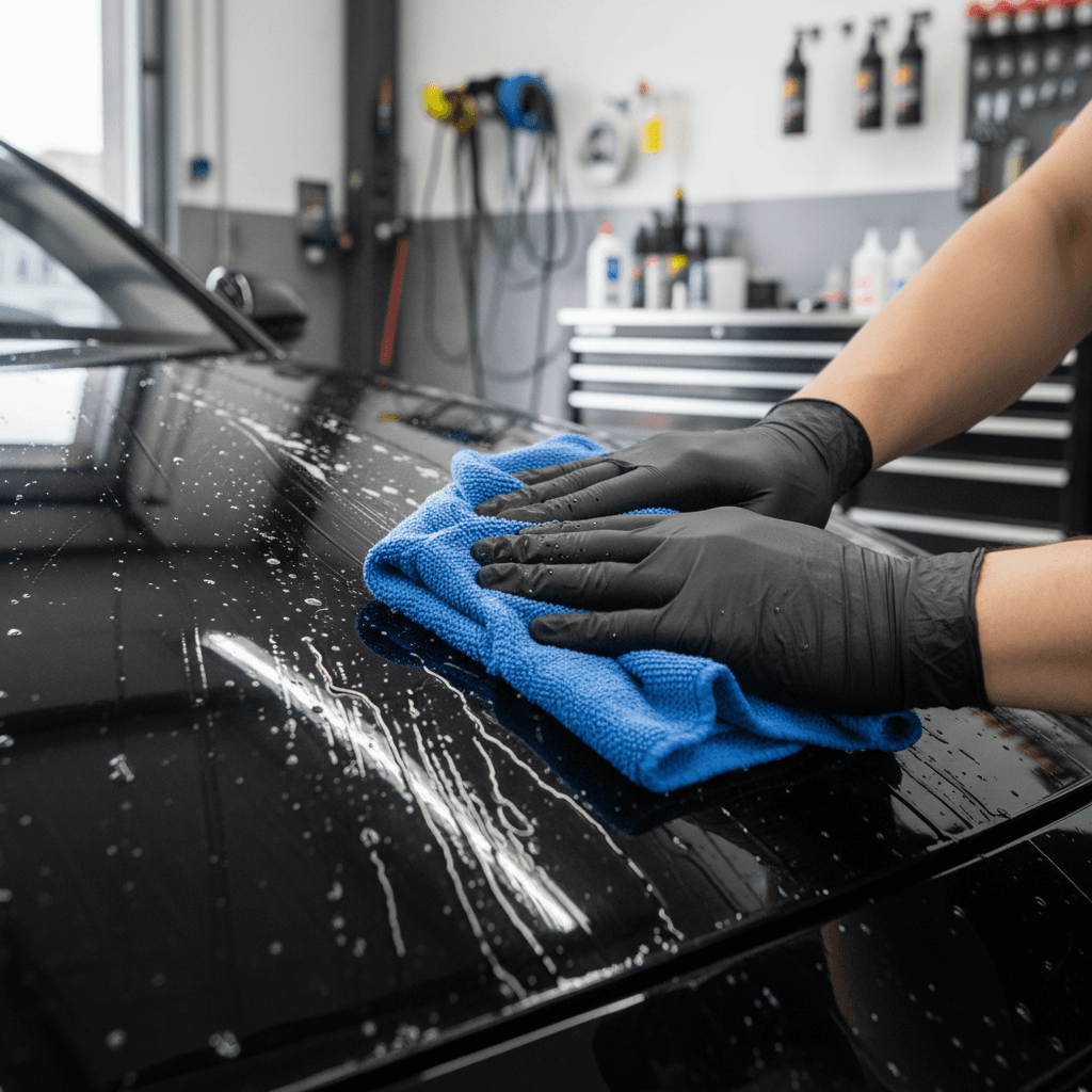 Detailer's hands deep cleaning a car floor mat with a soft brush, half cleaned