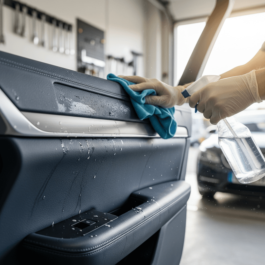 Detailer's hands vacuuming a car seat crevice with a small brush attachment