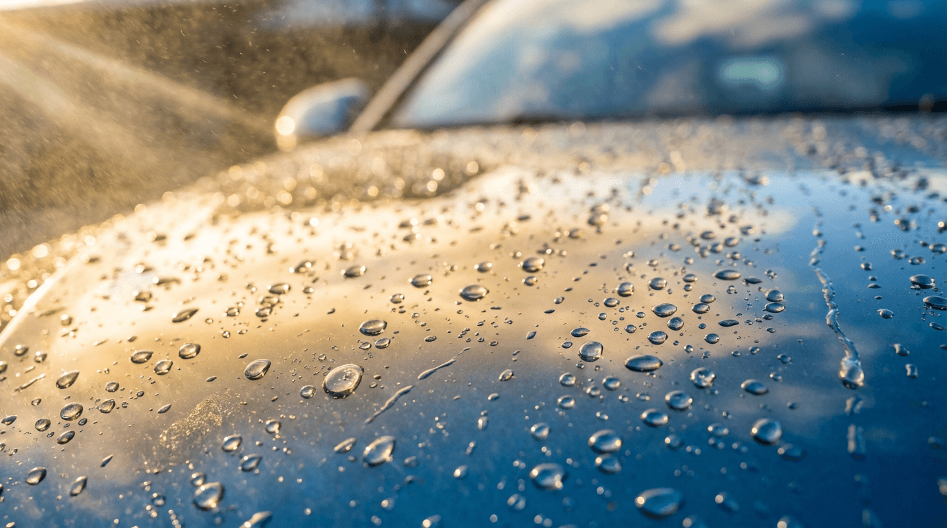 Close-up of a polished black car hood with water beading