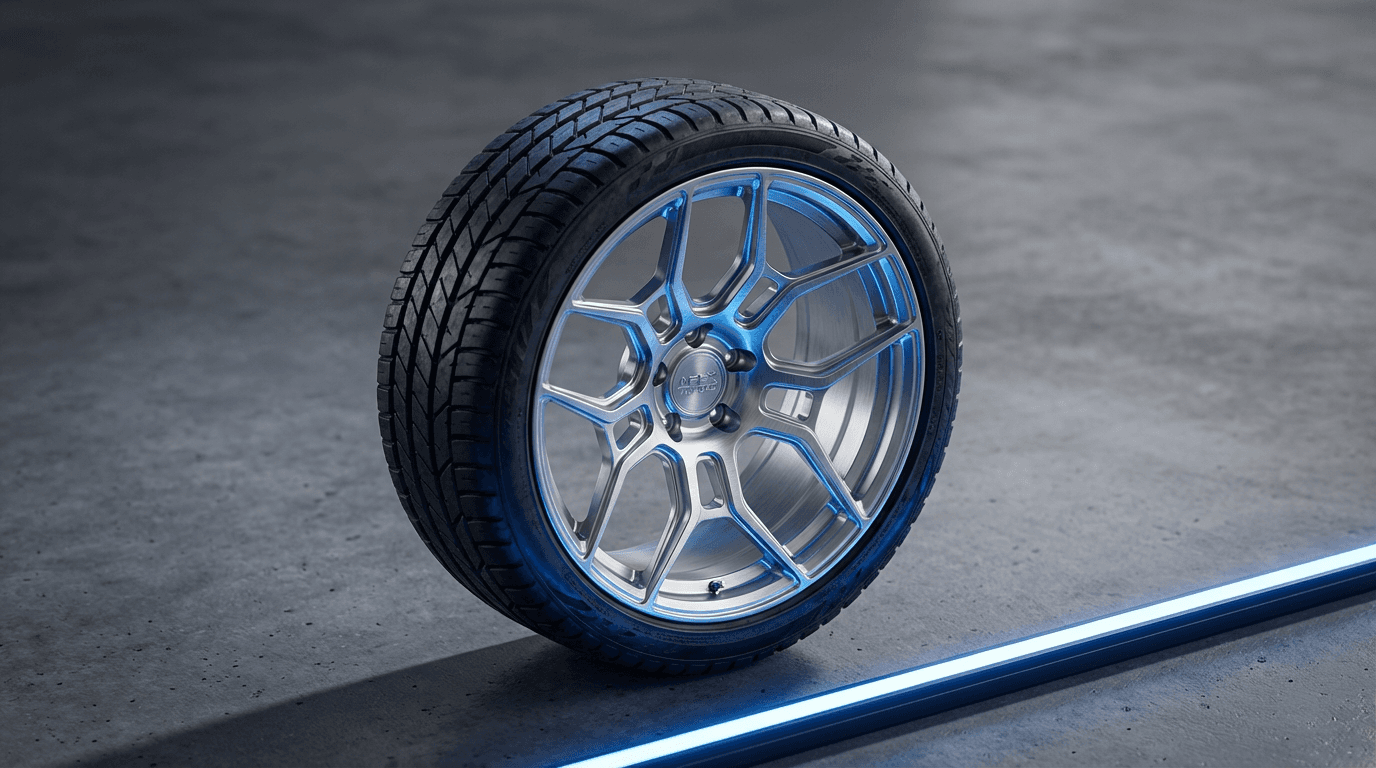 Car wheel and tire half cleaned, brake dust removed to reveal shiny alloy
