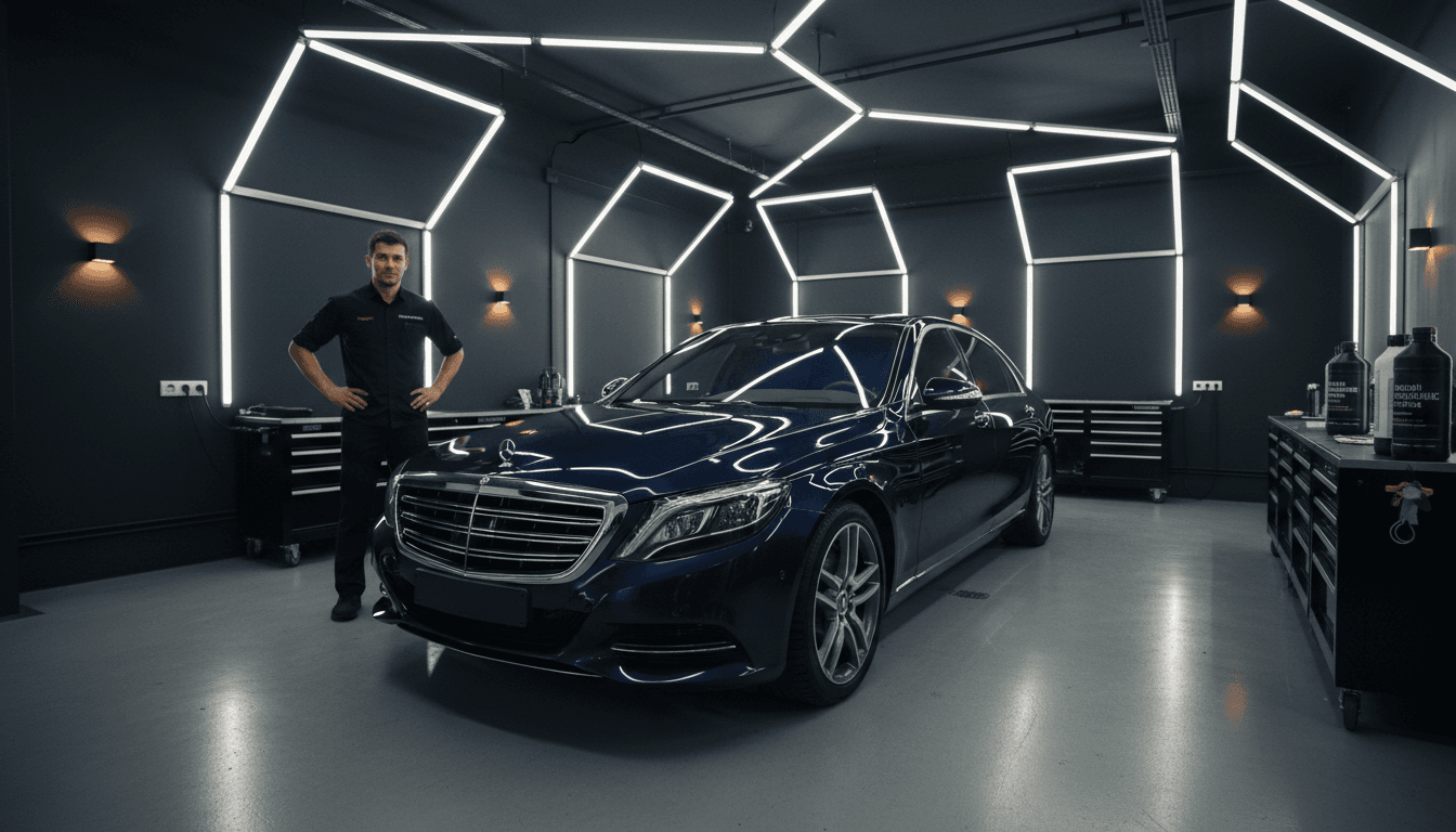 A gleaming black sedan freshly detailed in a professional Toronto detailing bay