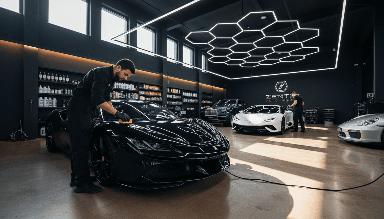Polished sedan in a dimly lit detailing garage with reflections on the paint