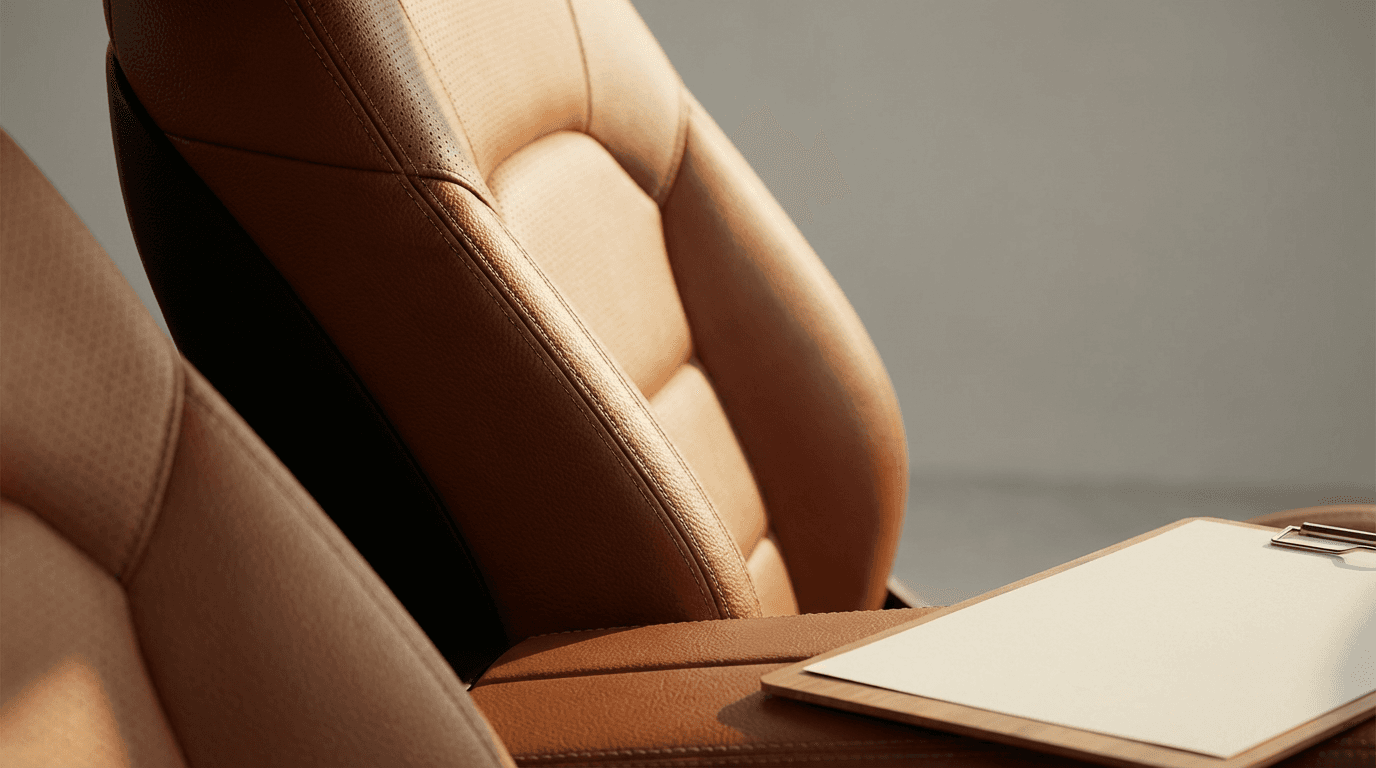 Leather car seat half cleaned and conditioned, showing the difference in tone