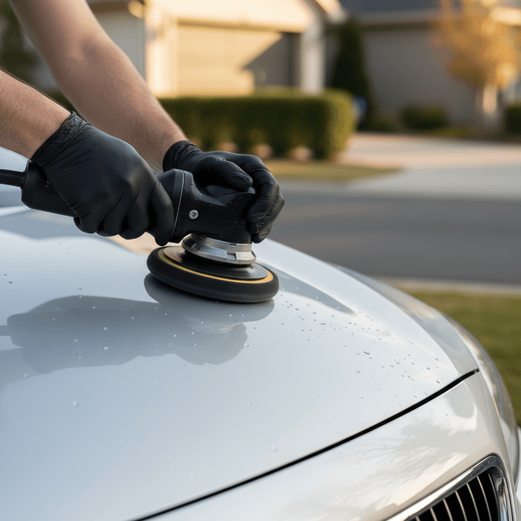 Detailer's hands polishing a dark blue car hood